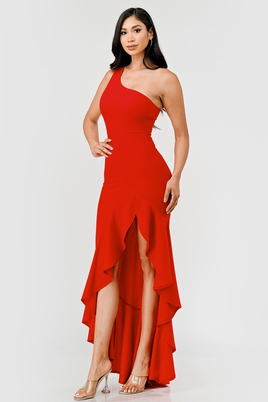 One Shoulder Asymmetrical High Low Ruffle Dress